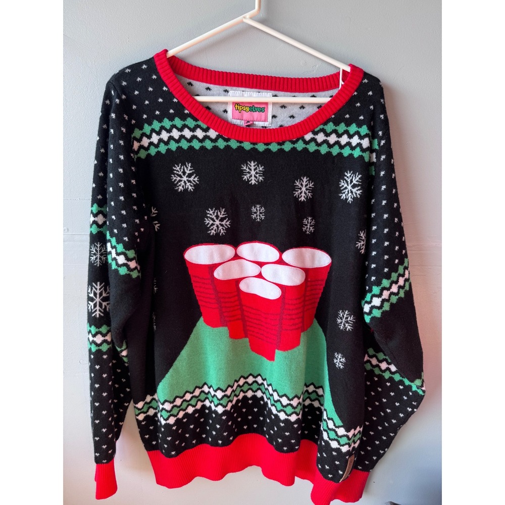 Tipsy Elves Mens Beer Pong Ugly Christmas Sweater XXL Black Red Fair Isle Knit